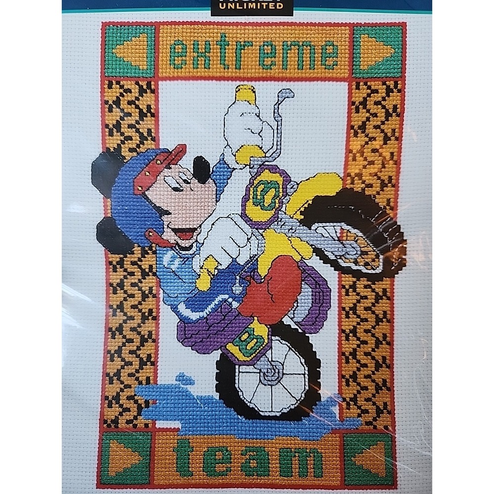 NOS Disney Mickey Mouse Unlimited Counted Cross Stitch Kit Motorcycle Motocross‎ - Picture 3 of 13
